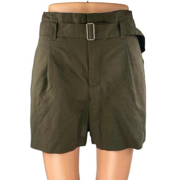 Club Monaco Women's Green Linen Belted High Rise Paperbag Mini Shorts Size 6 - Picture 1 of 5